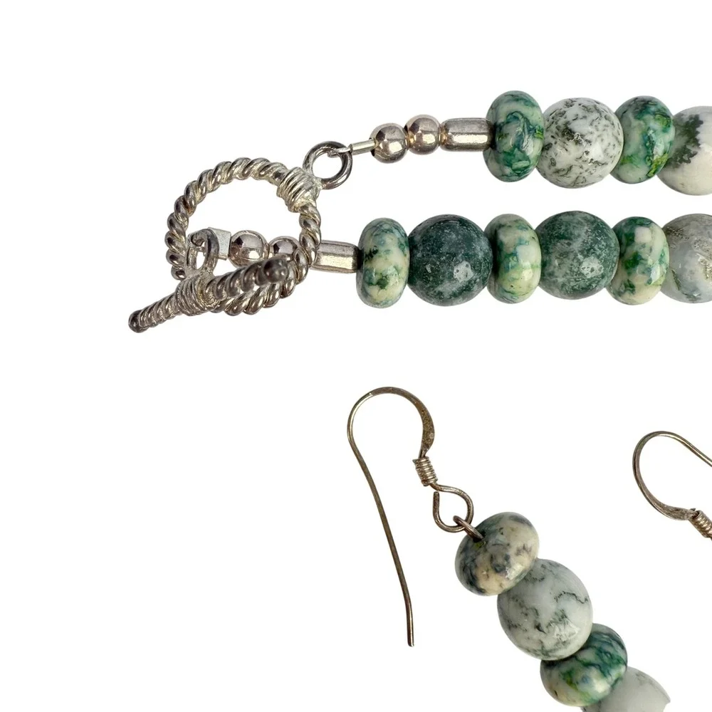 Artisan Sterling 925 Amazonite Pendant Tree Agate Necklace‎ Mother Pearl Set